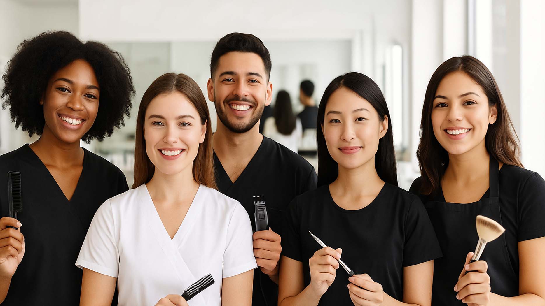Five smiling ZMS beauty students in a bright salon classroom holding professional tools.