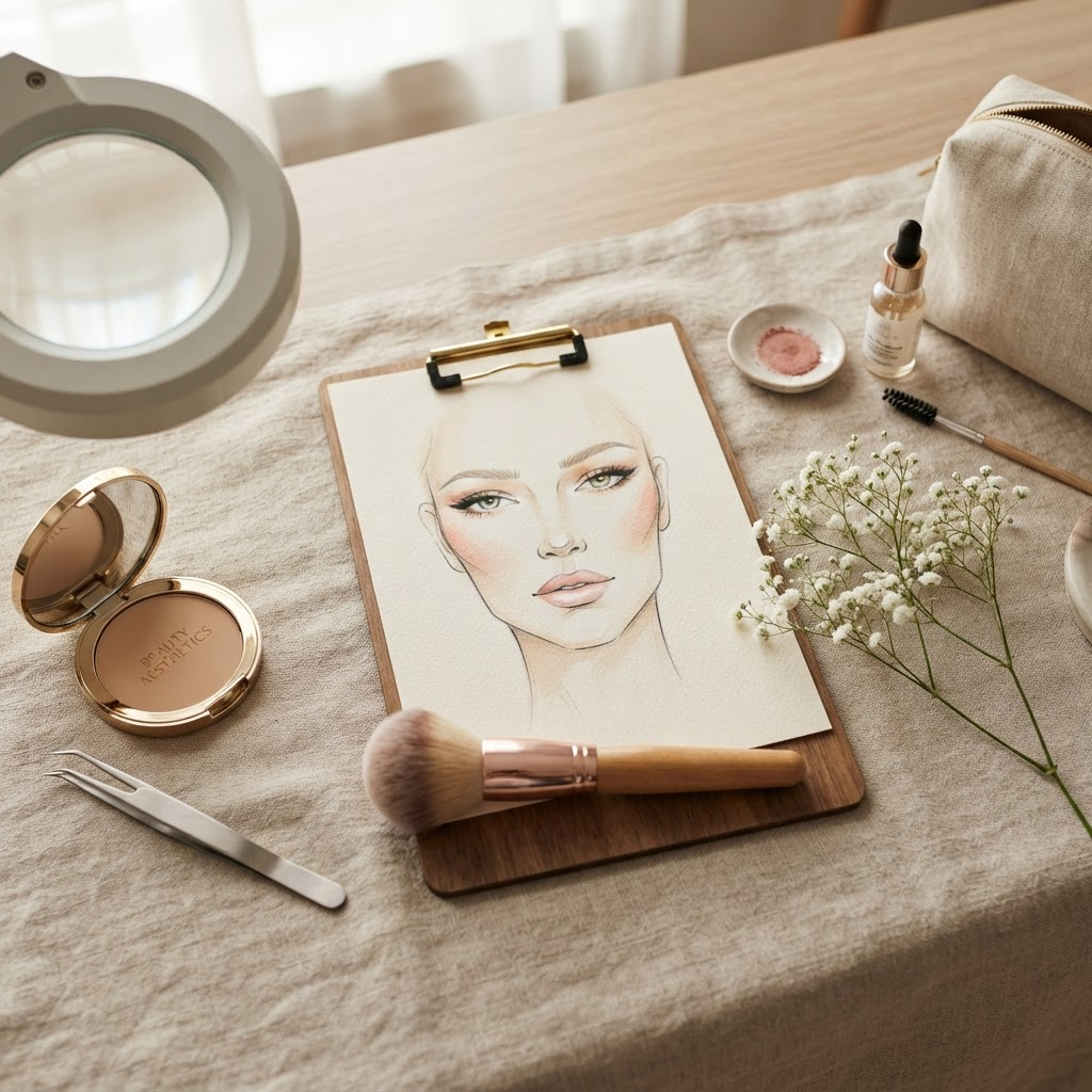 A flatlay of professional beauty tools including a makeup brush, tweezers, and a face-chart sketch.