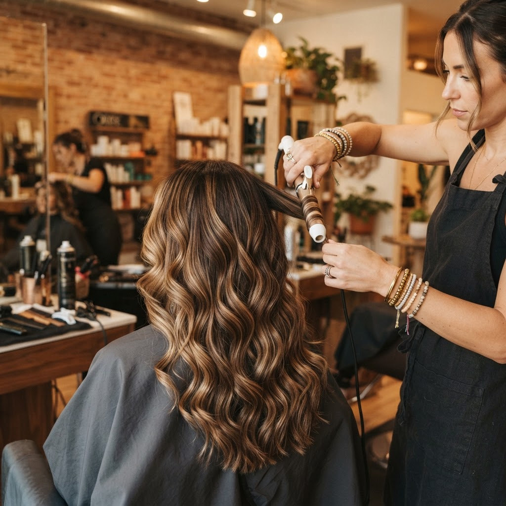 Stylist curling long balayage hair with a curling iron in a warm-lit salon.