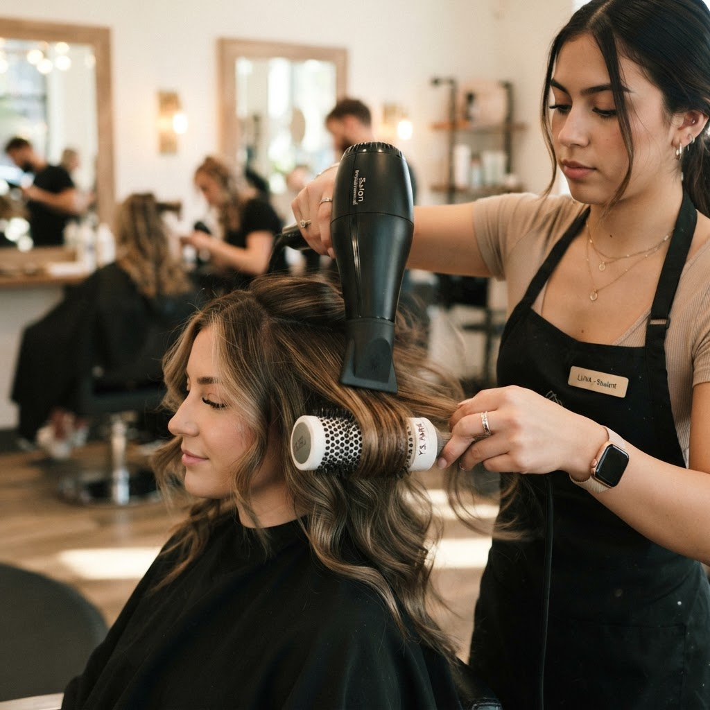 A cosmetology student blow-drying a client's hair with a round brush in a modern salon.