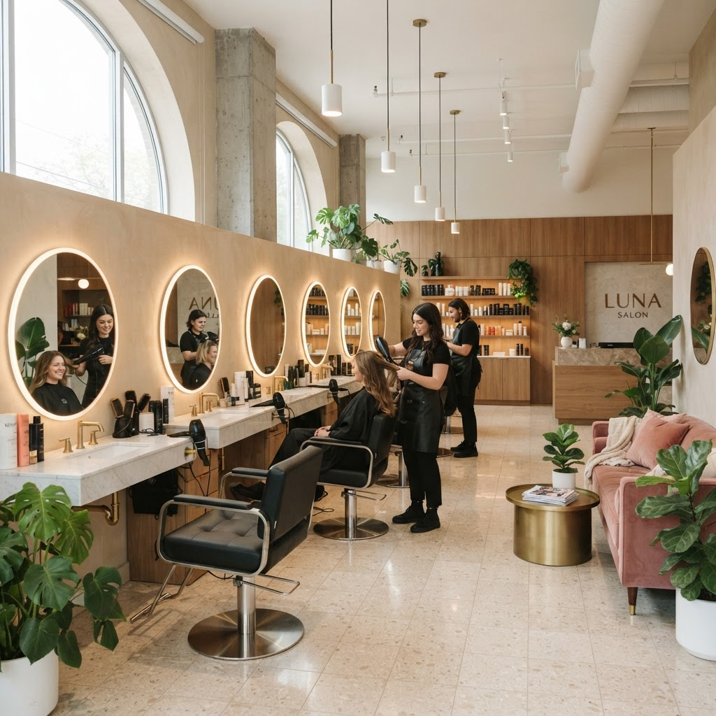 Bright modern salon interior with a row of styling stations and lit vanity mirrors.
