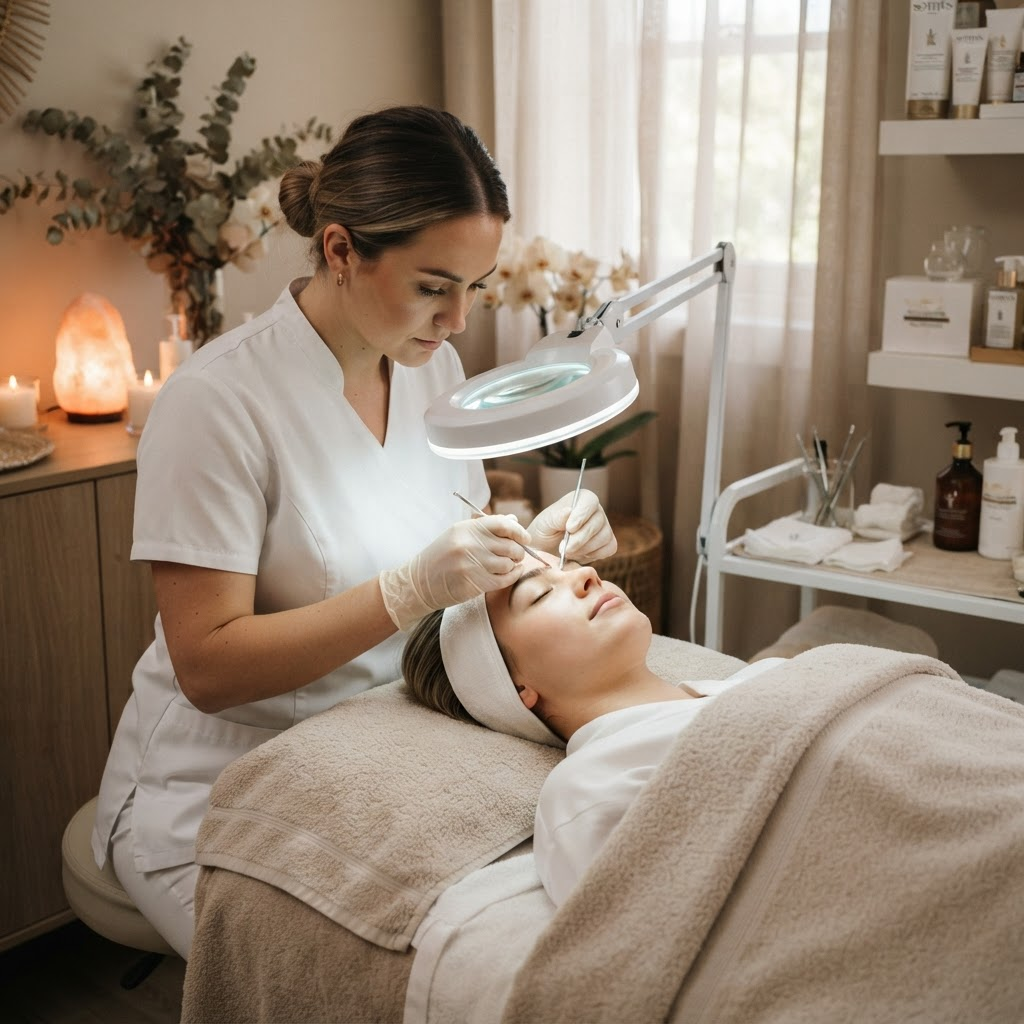 Facial skin treatment in progress on a relaxed client under a magnifying lamp.