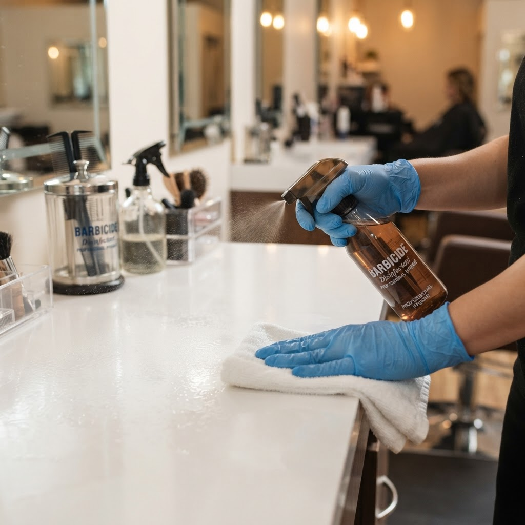 Gloved hands spraying disinfectant and wiping down a salon workstation.